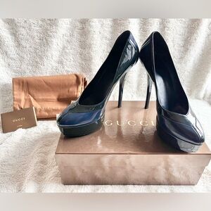 Gucci Authentic Black Blue Patent Leather Platform stiletto High Heels Size 39✨